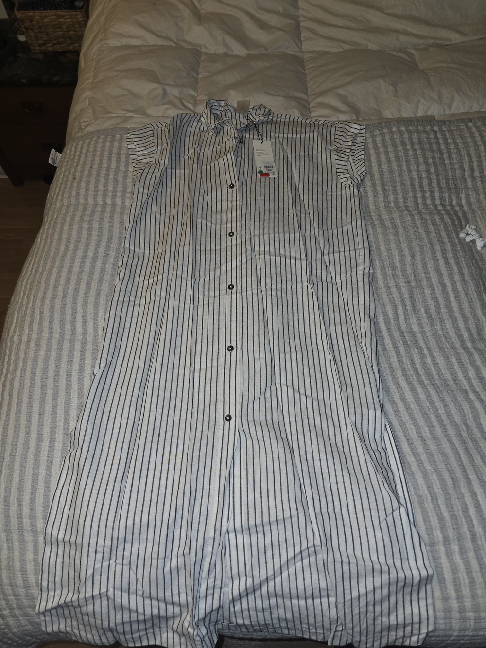 Women's Calia White Shirt Dress with Navy Pinstripes - Button Down Small